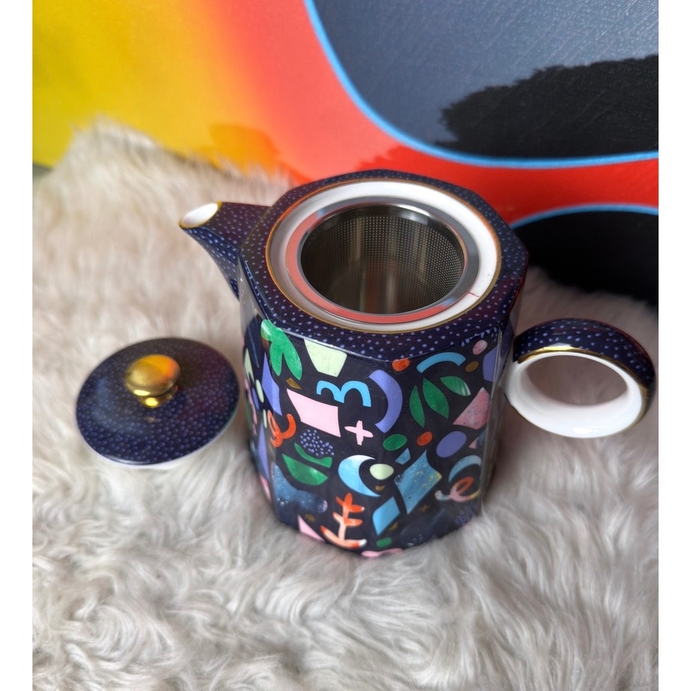 T2 Fine Bone China Teapot Abstract Geometric Navy Blue Gold Trim with Infuser